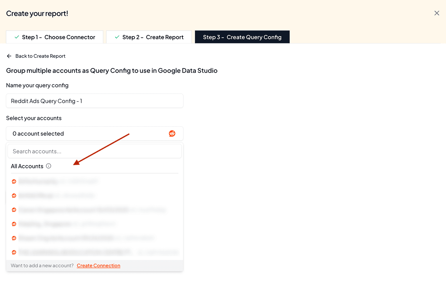 Click the dropdown to select your preferred Reddit Ads accounts