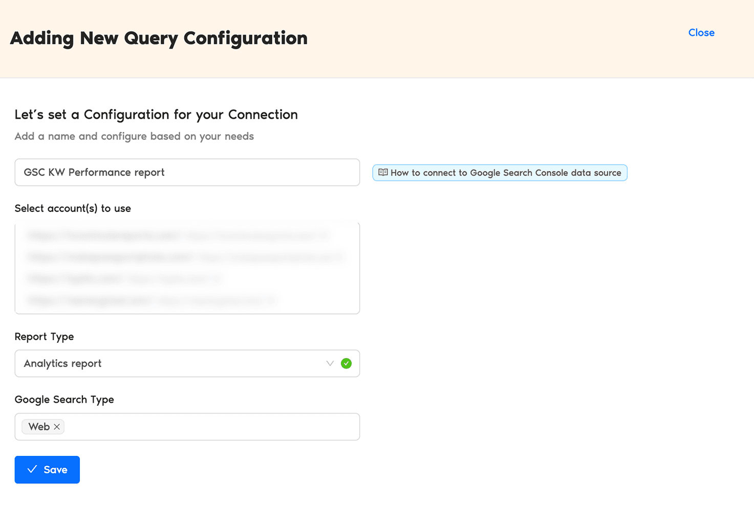 Select the GSC accounts to track and analyze performance data in Looker Studio