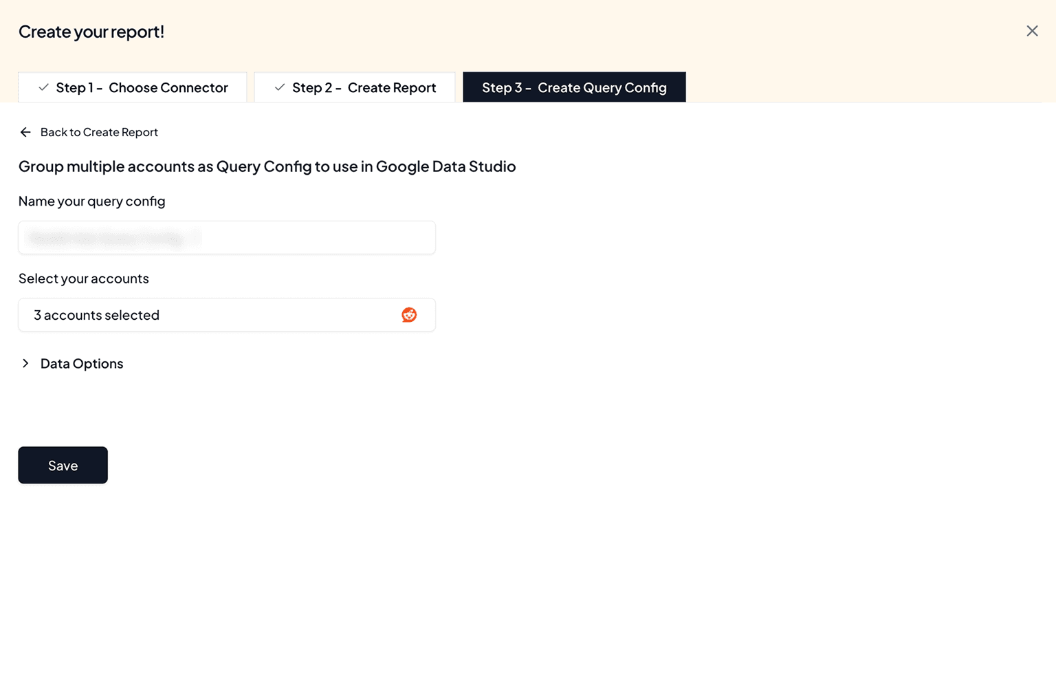 Click Save to create your query configuration for Reddit Ads