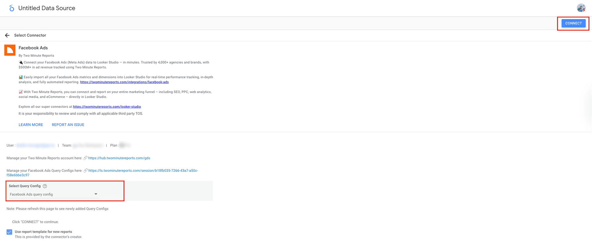 Select Facebook Ads Query Config to import data into Looker Studio
