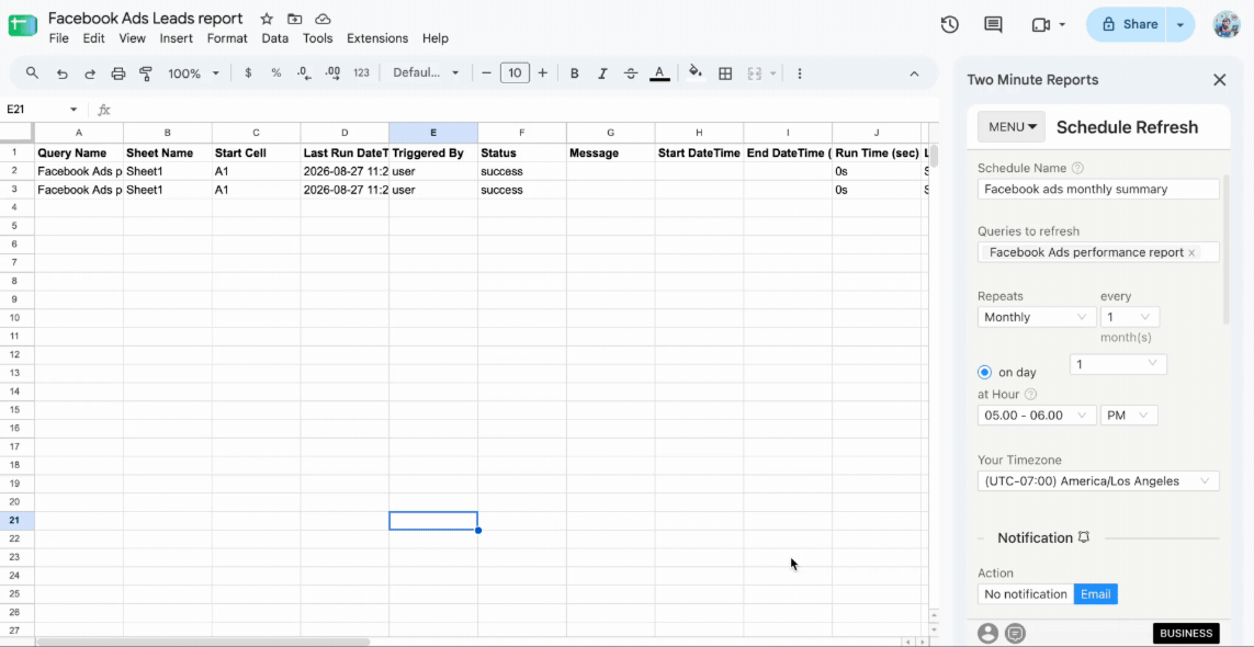 Automate your Facebook Ads report in Google Sheets using Two Minute Reports Schedule Refresh