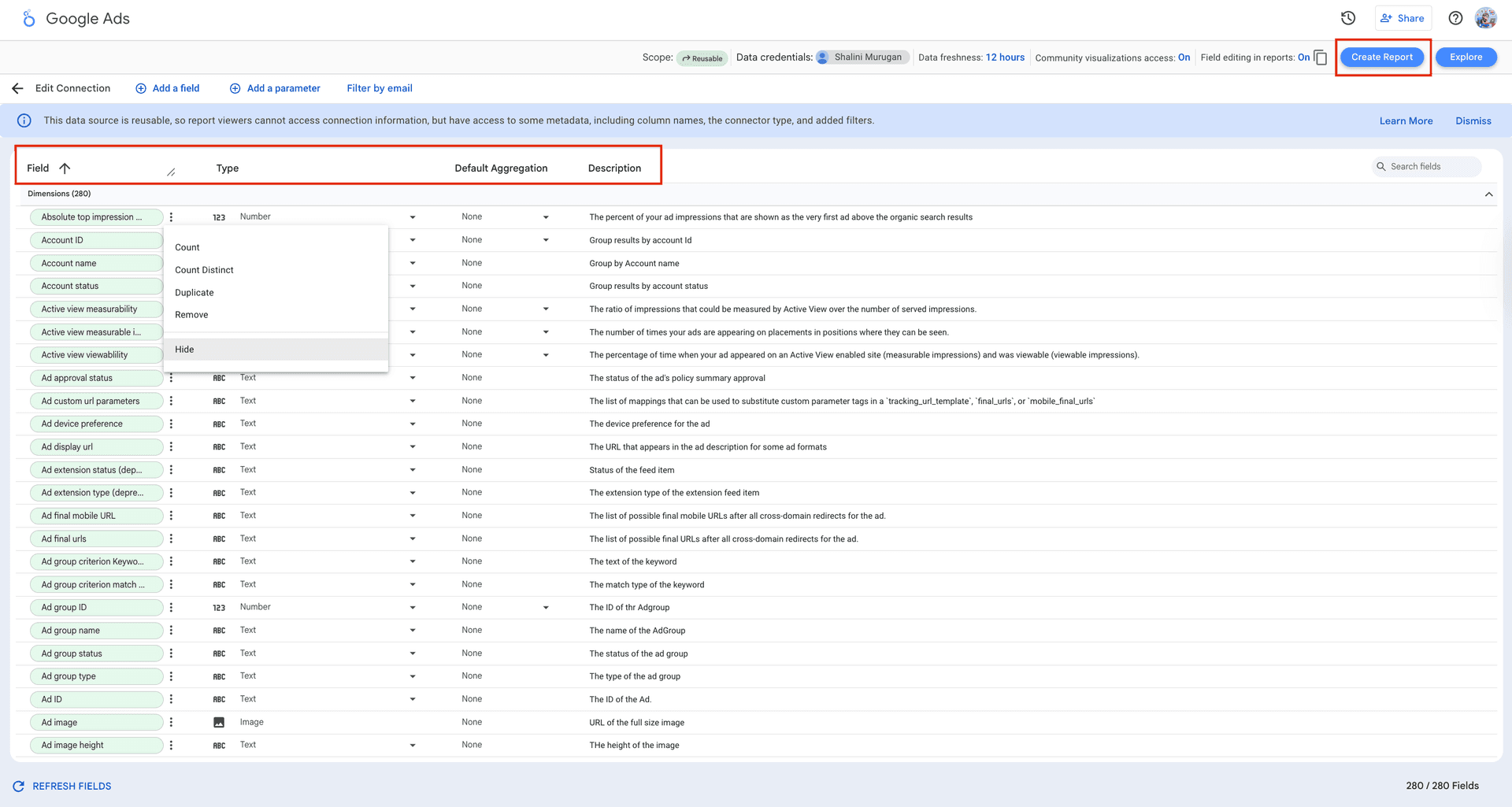 Select the Google Ads metrics and dimensions to visualize performance in Looker Studio