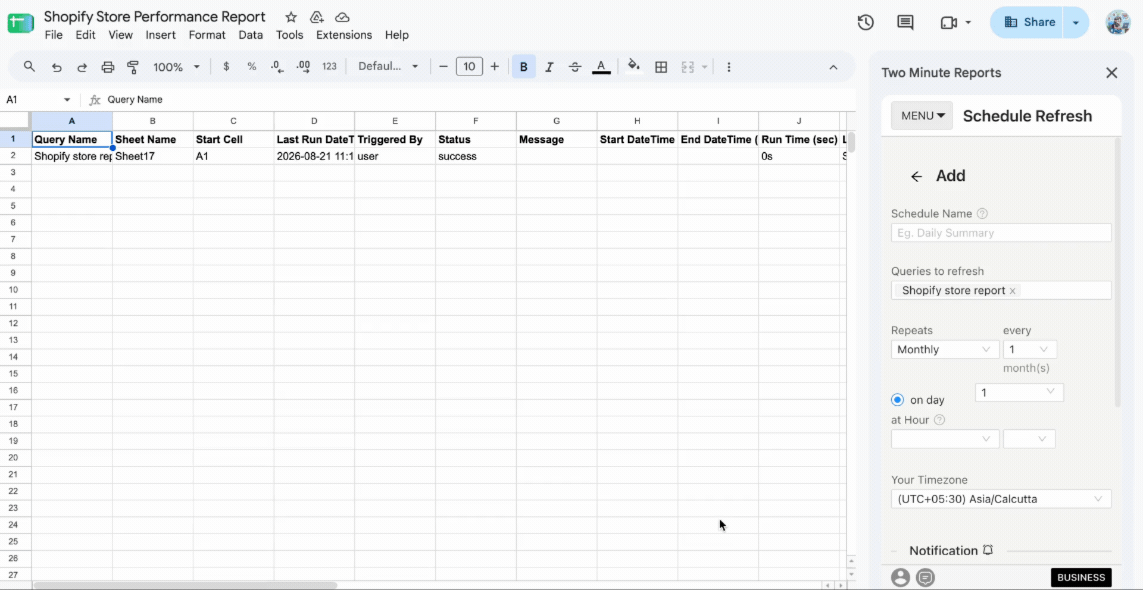 Automate Shopify reports on custom schedule using Two Minute Reports