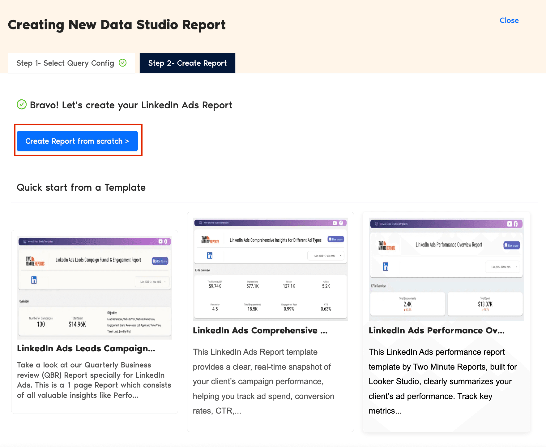 Create LinkedIn Ads report from scratch or select a pre-built template