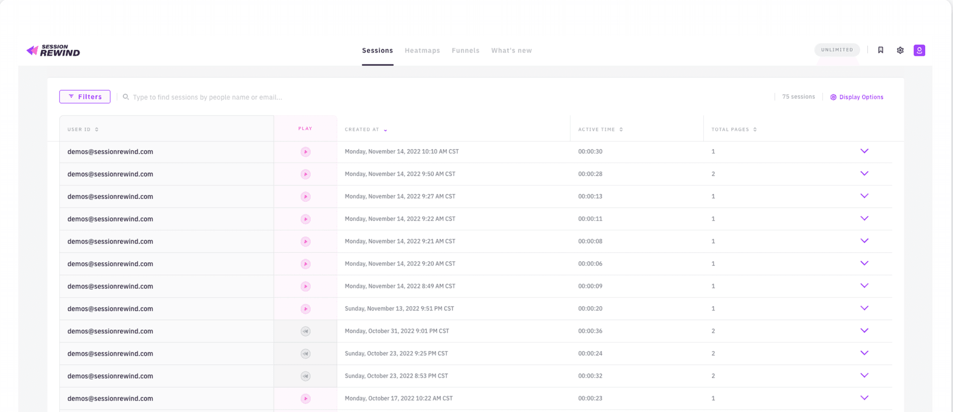 Session rewind dashboard
