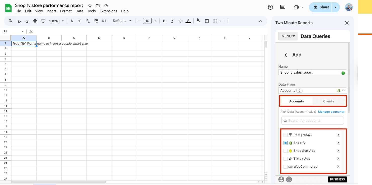 Select your client's Shopify store accounts from the sidebar