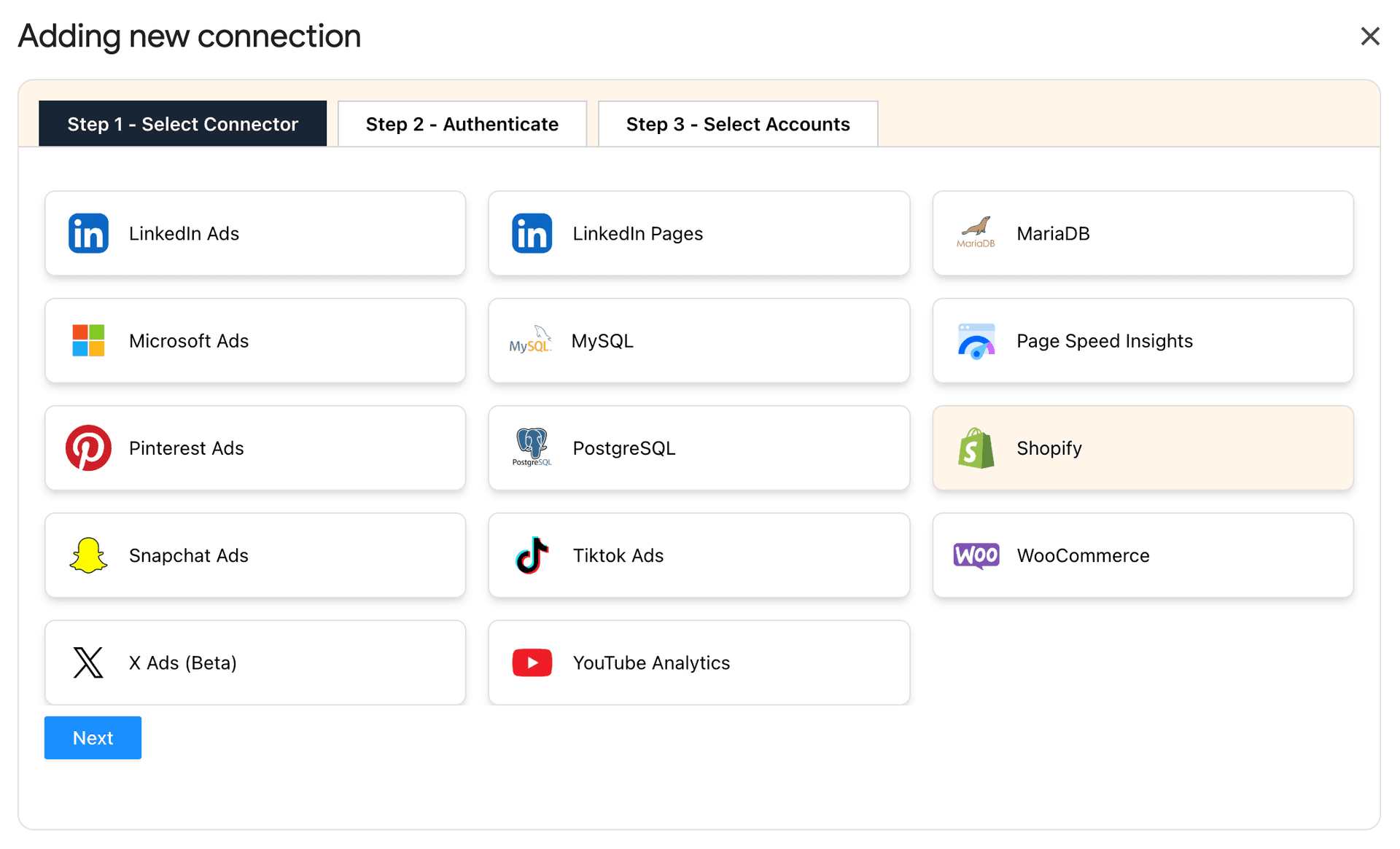 Select the Shopify data source to connect with Google Sheets