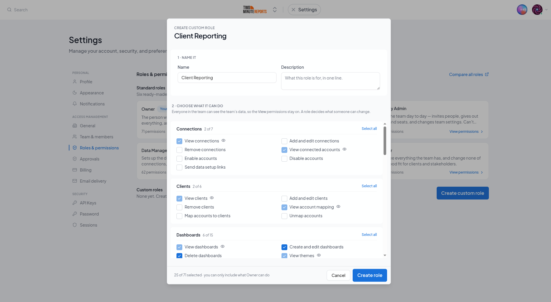 The custom role builder, with a name, a description and permissions grouped by area