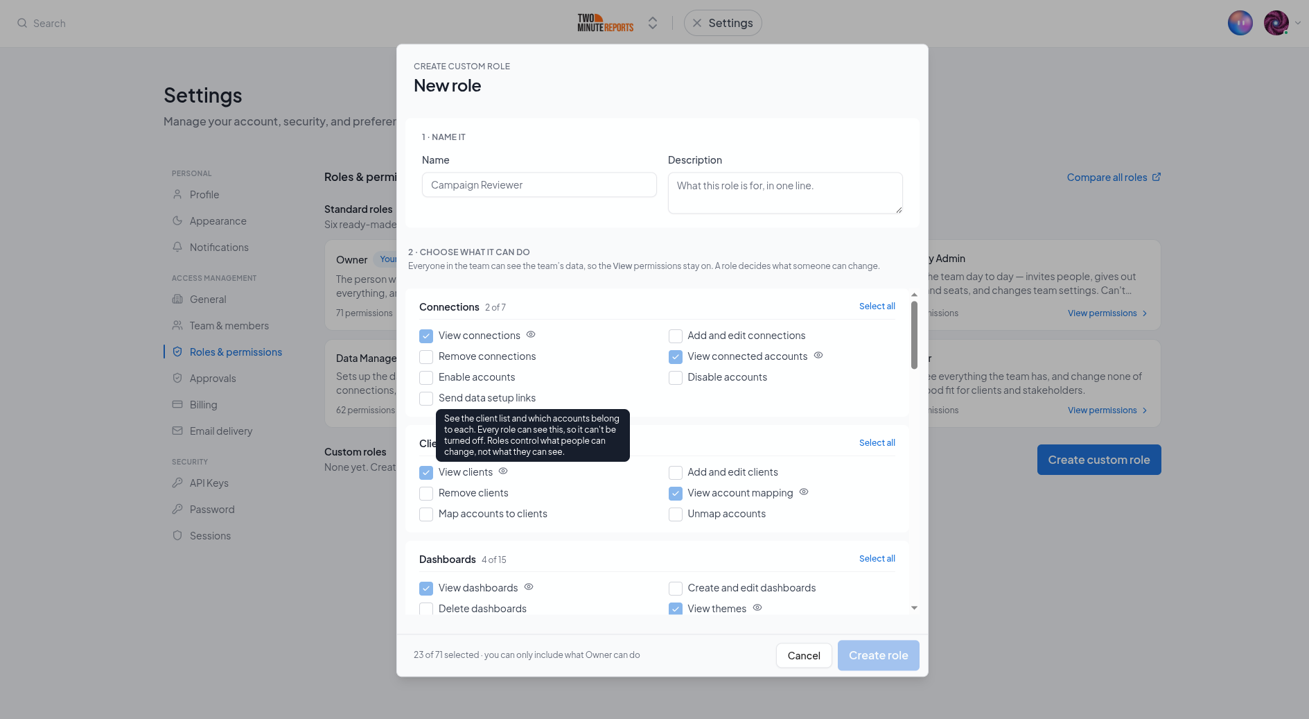 The View permissions in the builder, ticked and locked, with the tooltip explaining why