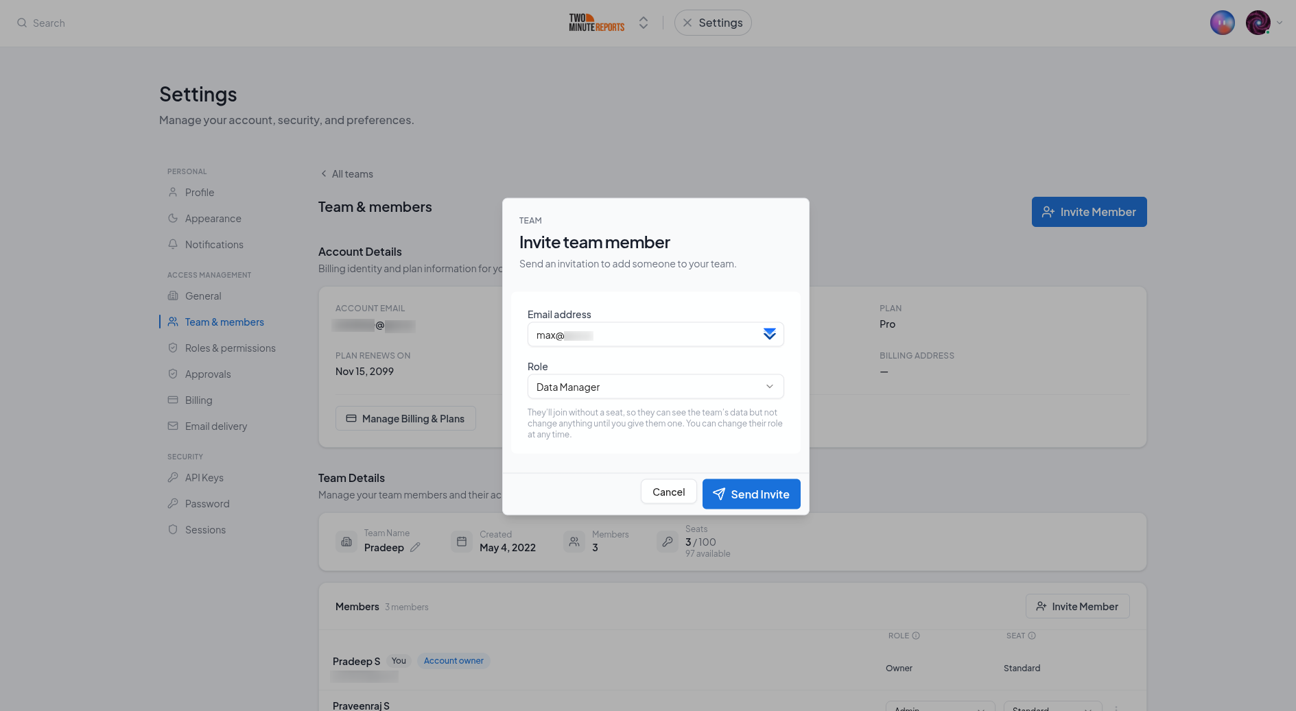 The Invite member dialog with the role dropdown open, listing standard and custom roles