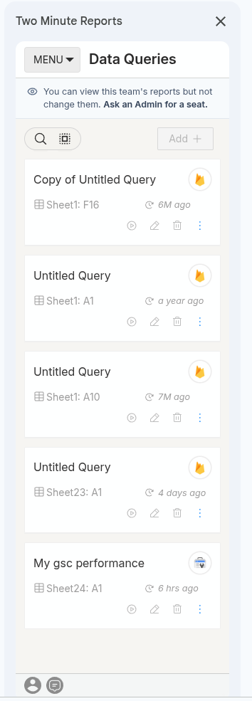 The Sheets add-on sidebar for a member without a seat, read-only with the reason shown