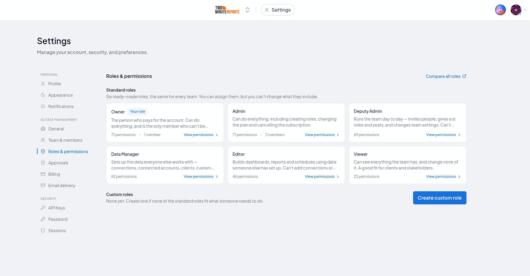 The Roles screen in Settings, showing the six standard role cards with permission and member counts