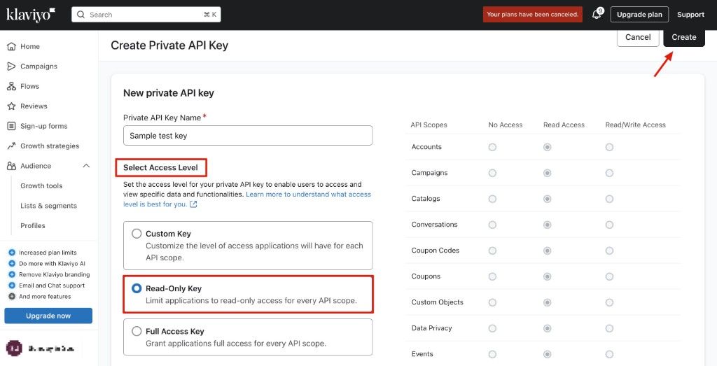 Create Klaviyo private API key