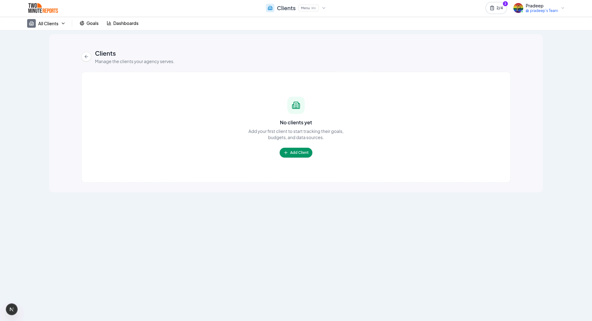 Add Client button highlighted in the Clients dashboard navigation