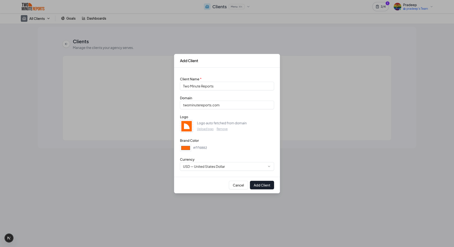 Create client form with fields for name, domain, logo, brand color, and currency
