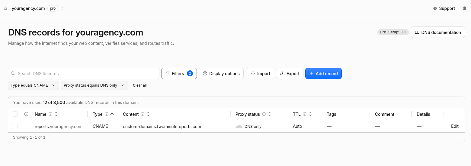 The Cloudflare DNS editor showing the proxy toggle set to DNS only, the grey cloud