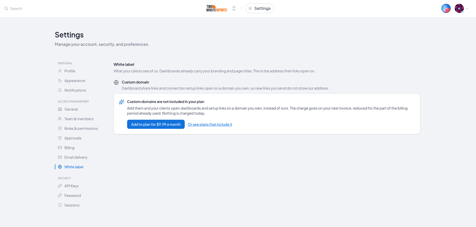 The upsell shown to a team without the custom domains add-on, with the price and an Add button