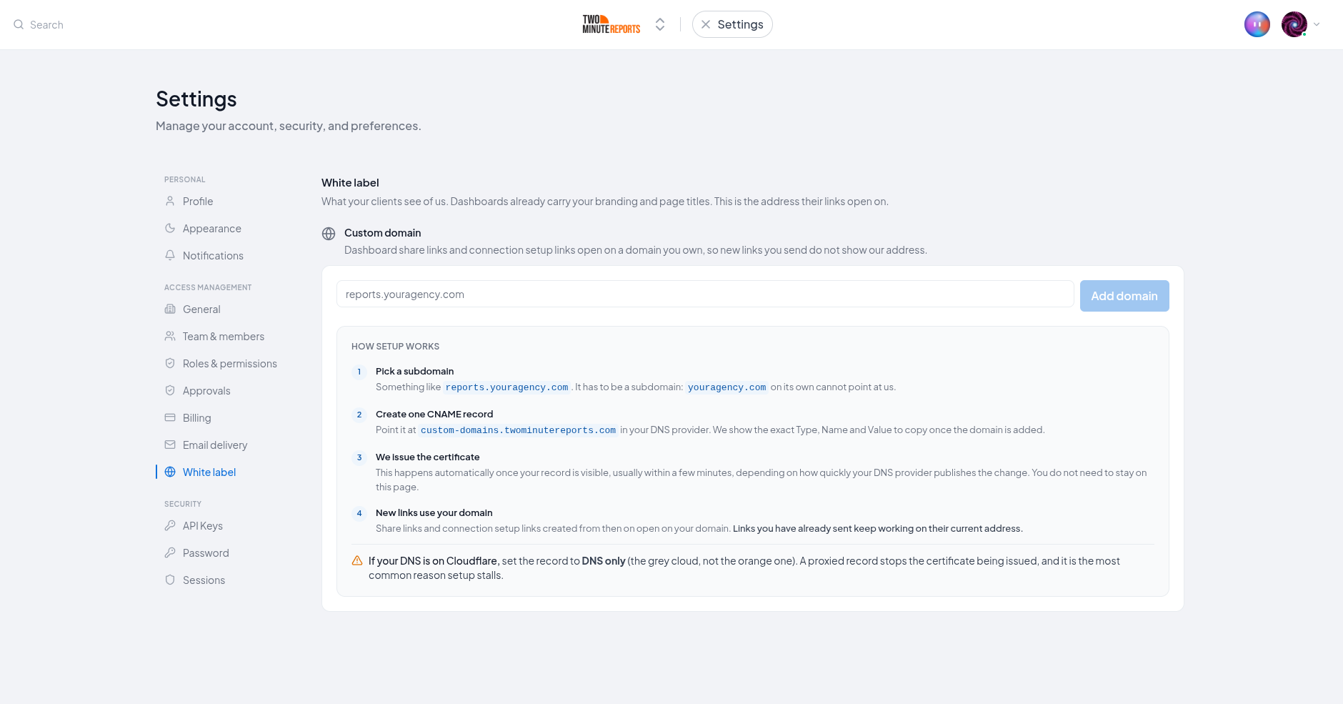 The White label tab in Settings, with the Custom domain section and an empty field for your subdomain