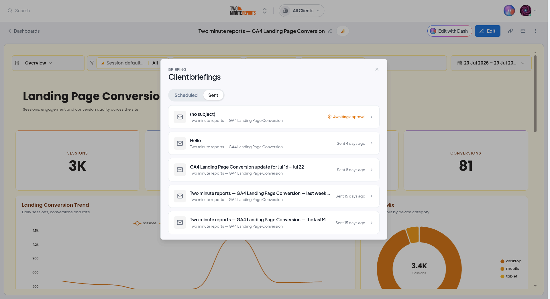 The Sent log with the Gmail-style email viewer