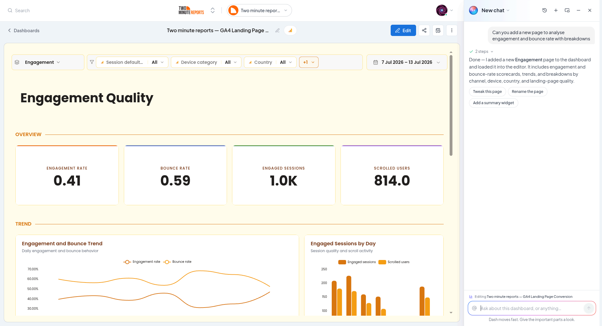 Dash adds the new page to the dashboard