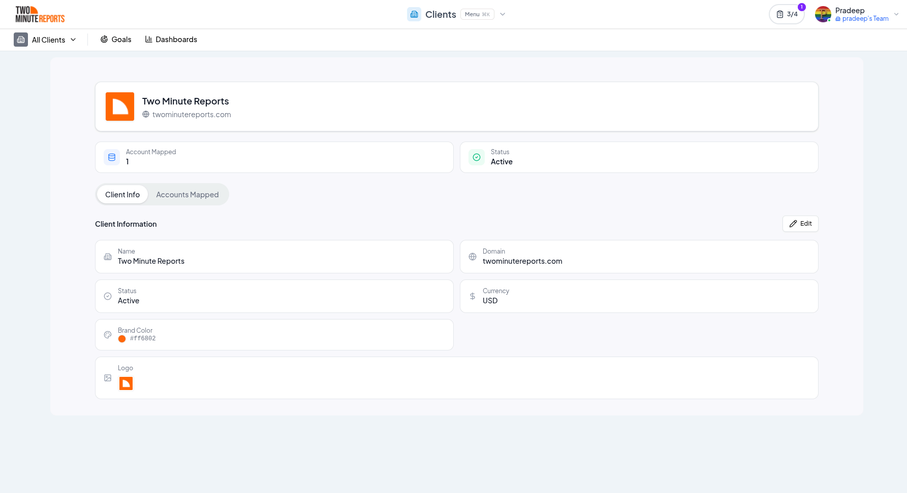 Client management dashboard showing multiple accounts and data source mappings
