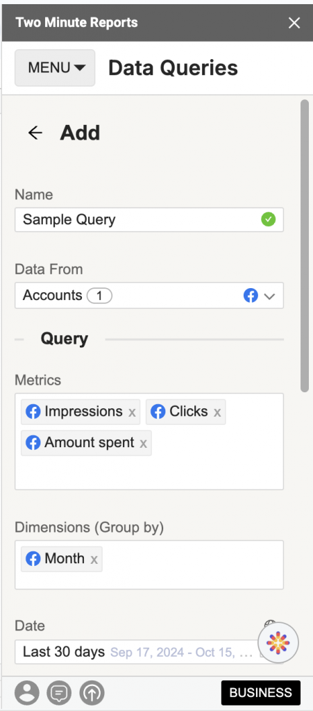 Query setup with Facebook Ads metrics