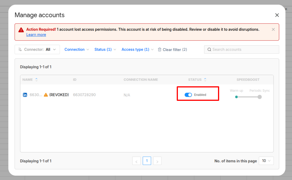Accounts screen showing accounts with missing permissions