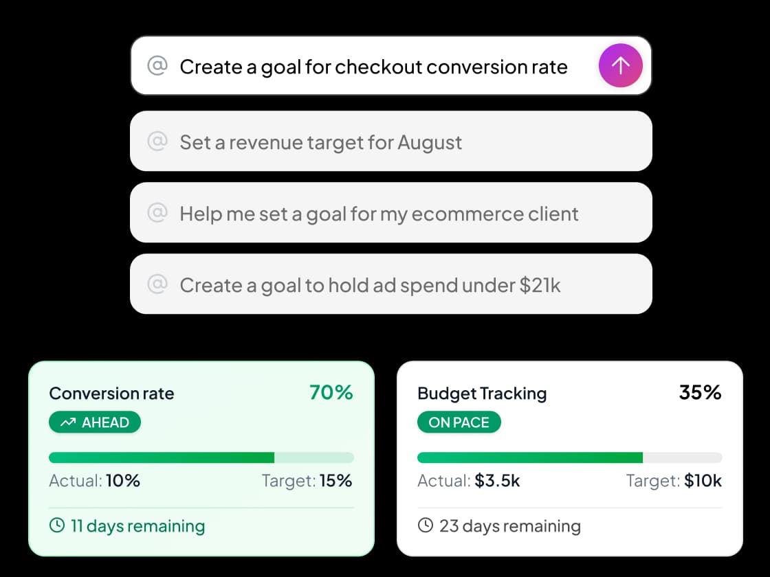 Dash AI showing goal tracking cards for a client dashboard