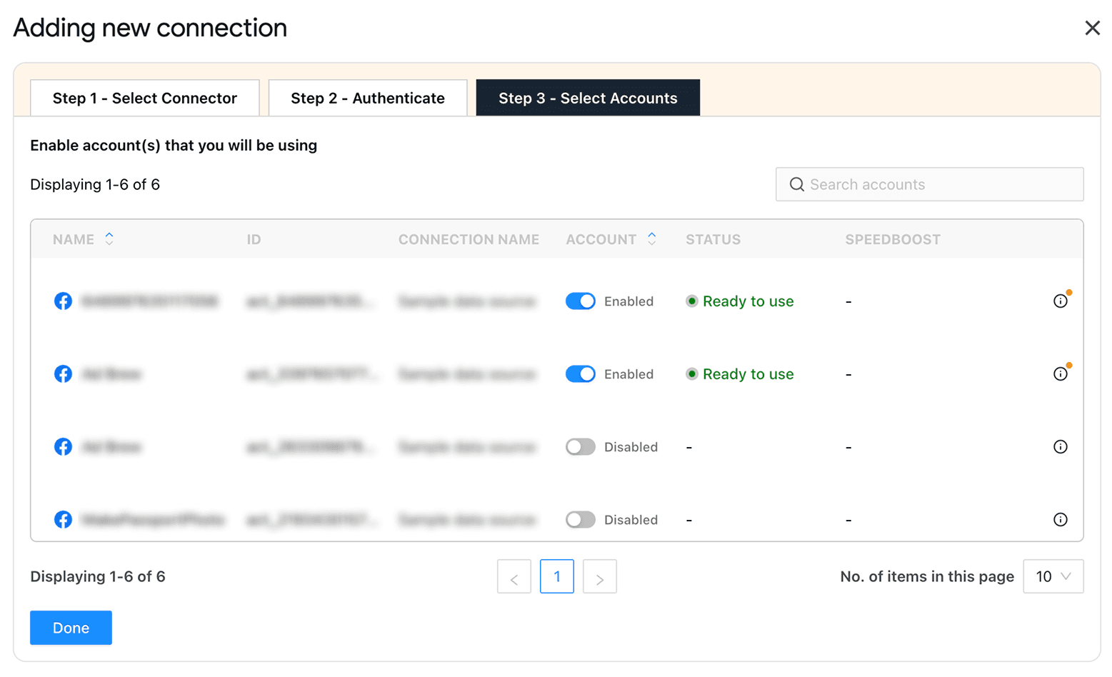 select Facebook Ads accounts to export to Google Sheets