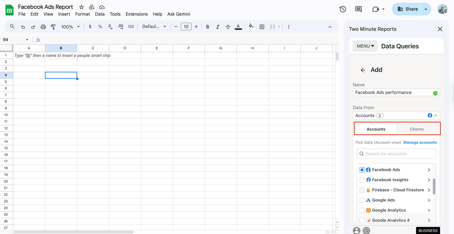 Map your client's Facebook ads accounts to Google Sheets