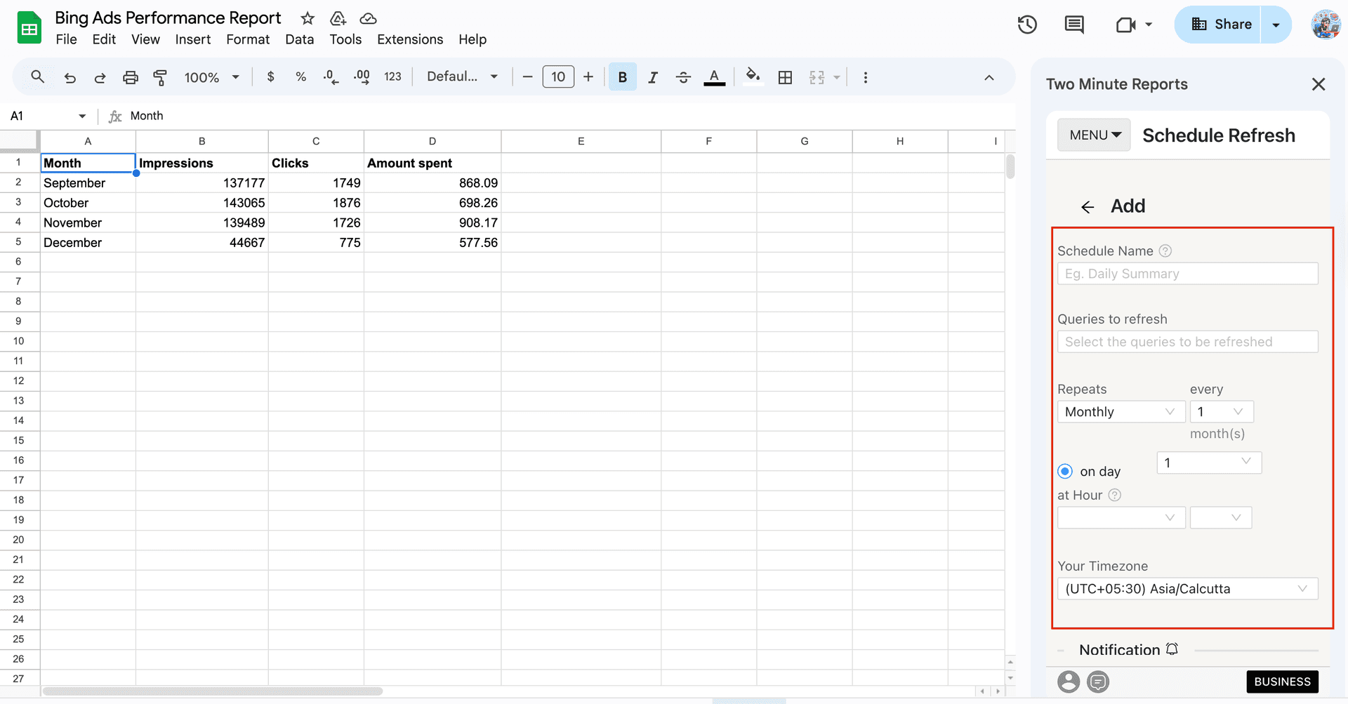 A snapshot of Bing Ads performance report