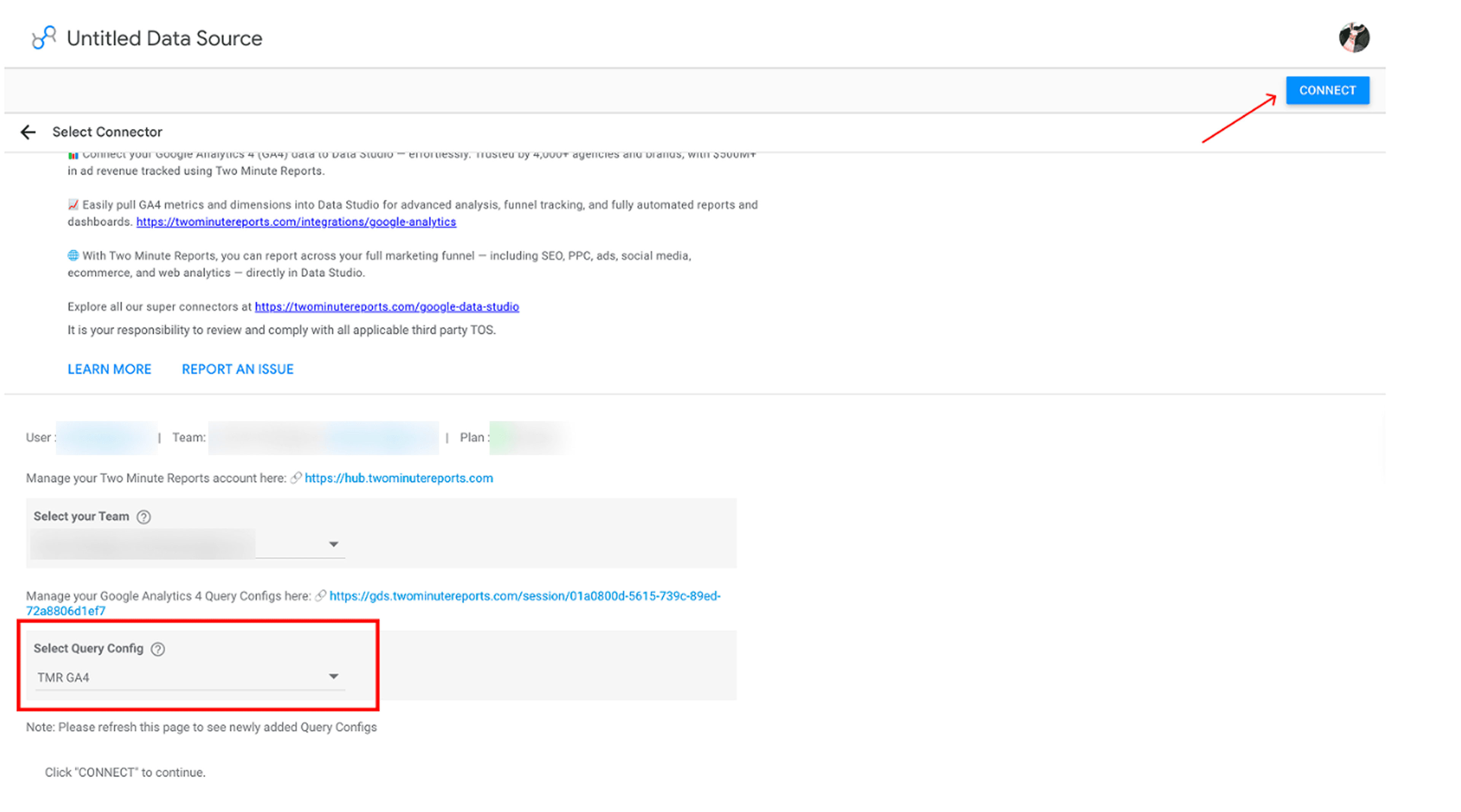 Select your Query Config to connect GA4 to Data Studio