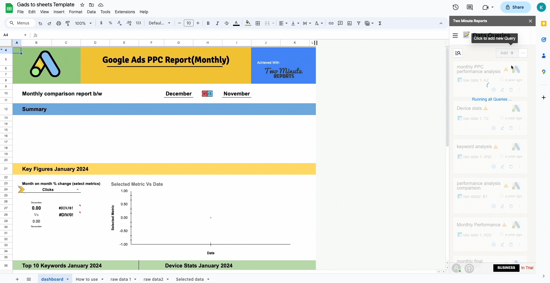 Google ads to google sheets run all queries