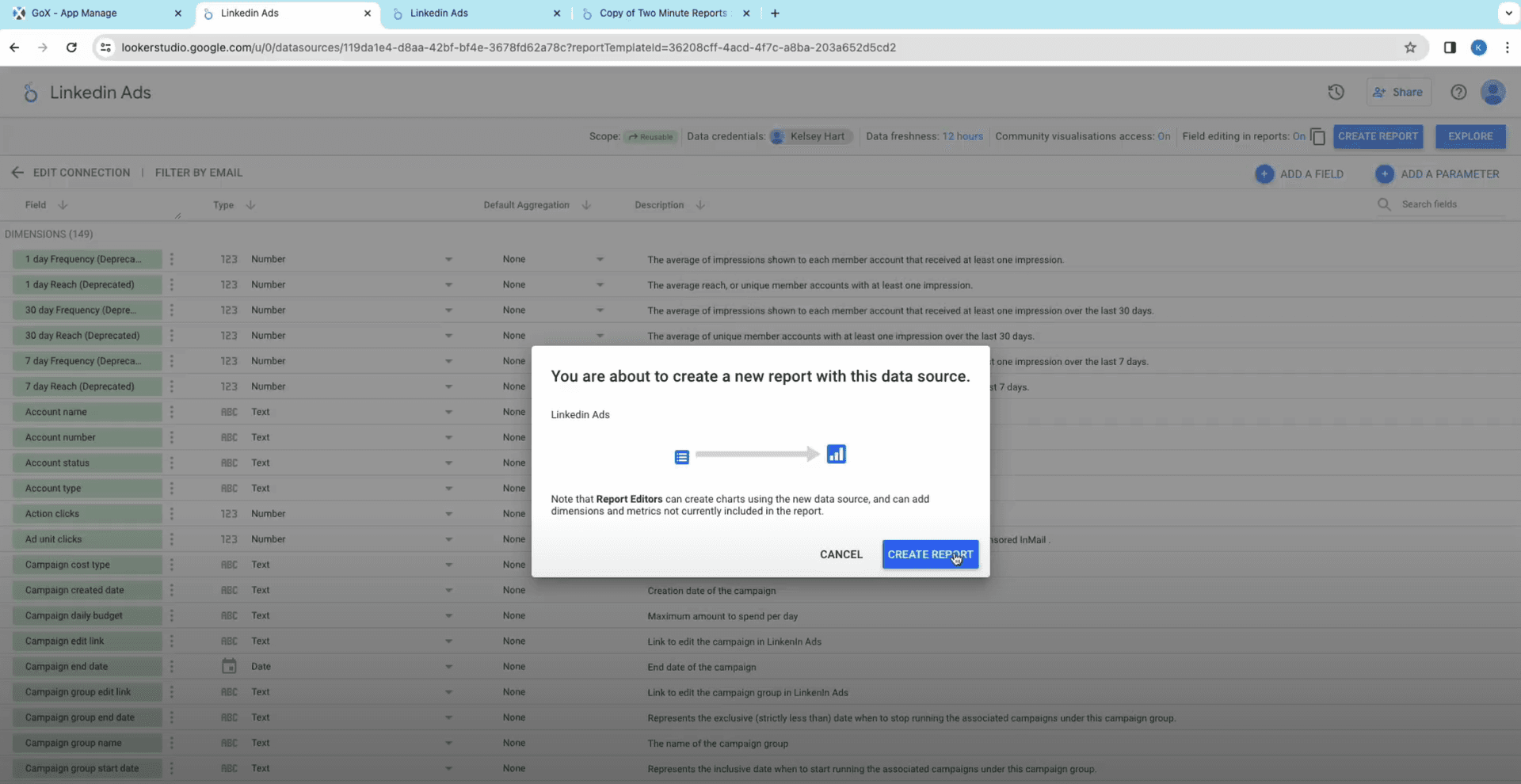 LinkedIn Ads to Looker Studio create reportr