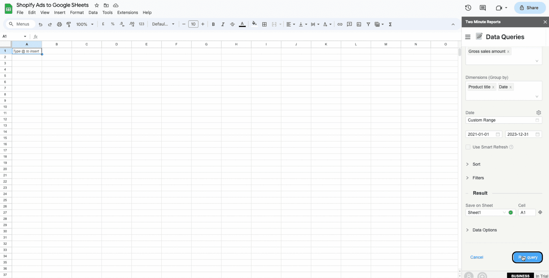 shopify to google sheets run query