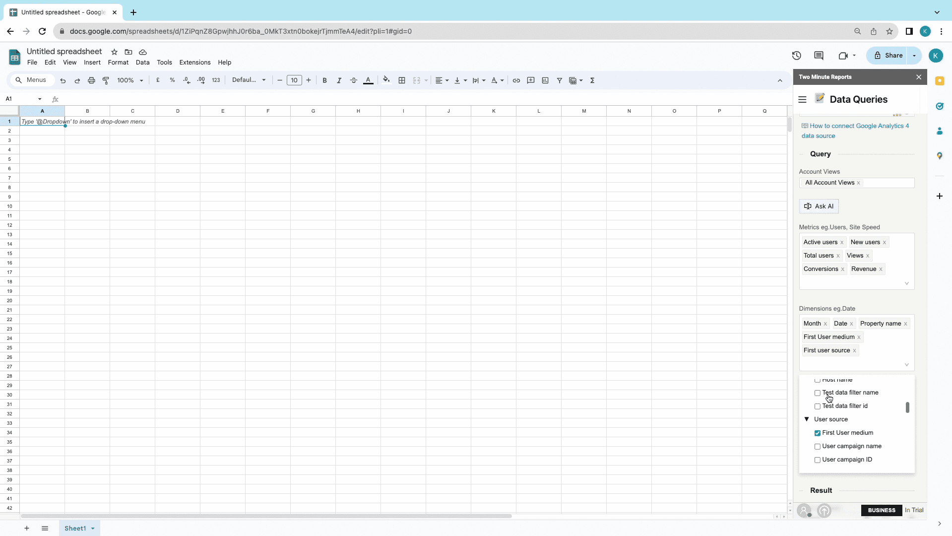 ga4 to sheets dimensions