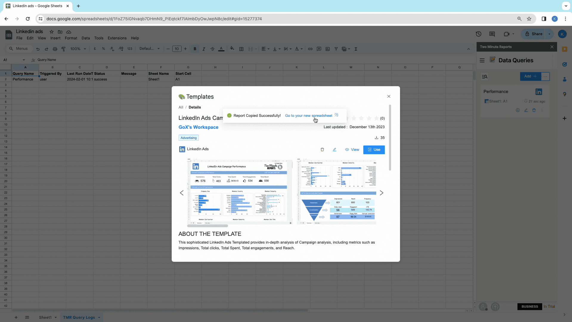 LinkedIn ads to google sheets open spreadsheet