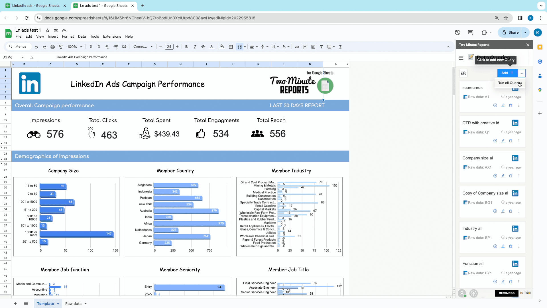 LinkedIn ads to google sheets run all queries