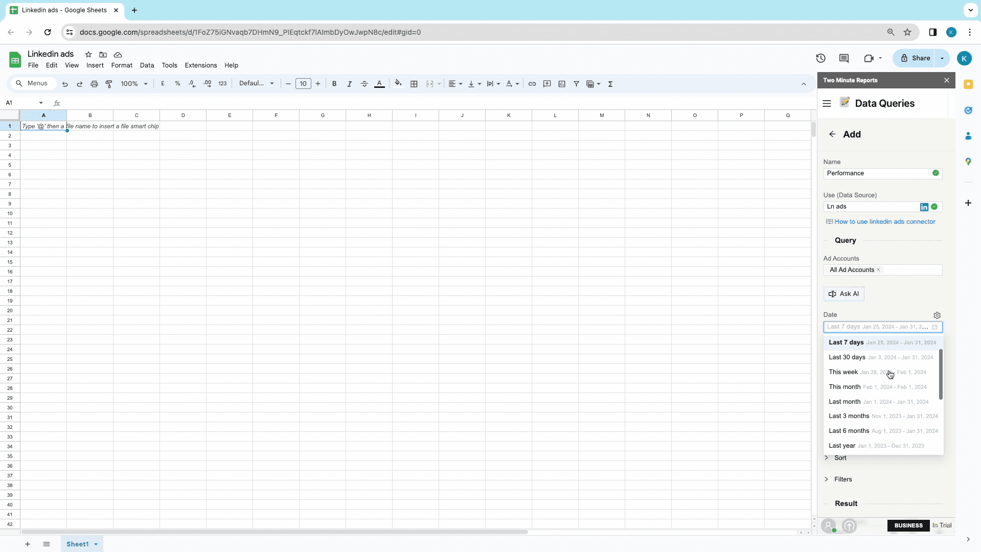 LinkedIn ads to google sheets date selection
