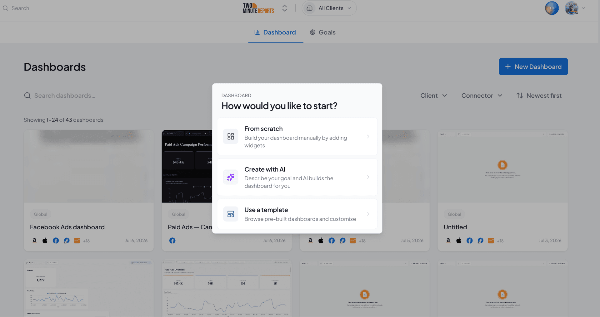 build your dashboard from scratch, using AI or a template