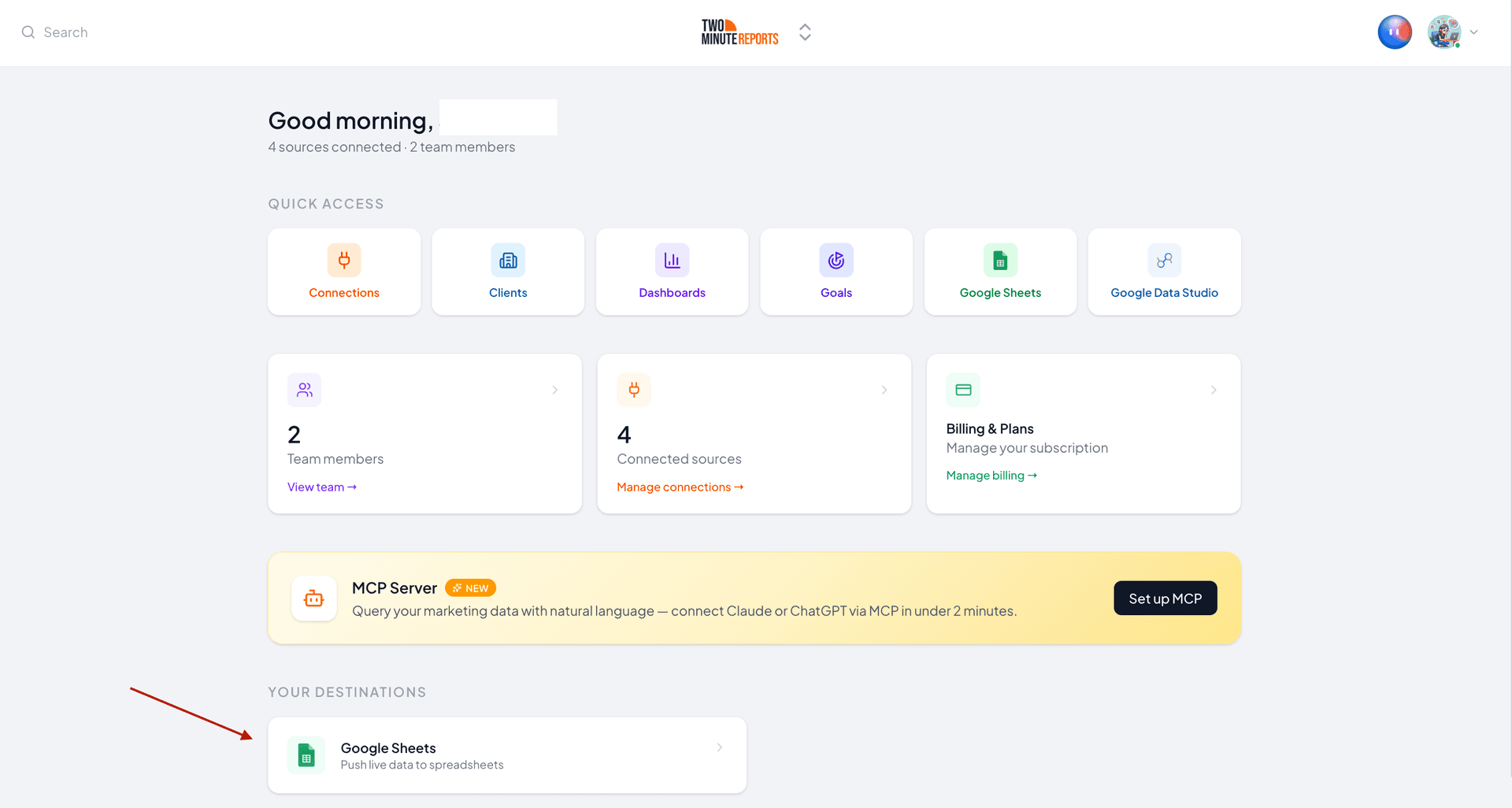 Select Google Sheets from the Two Minute Reports Hub Homepage