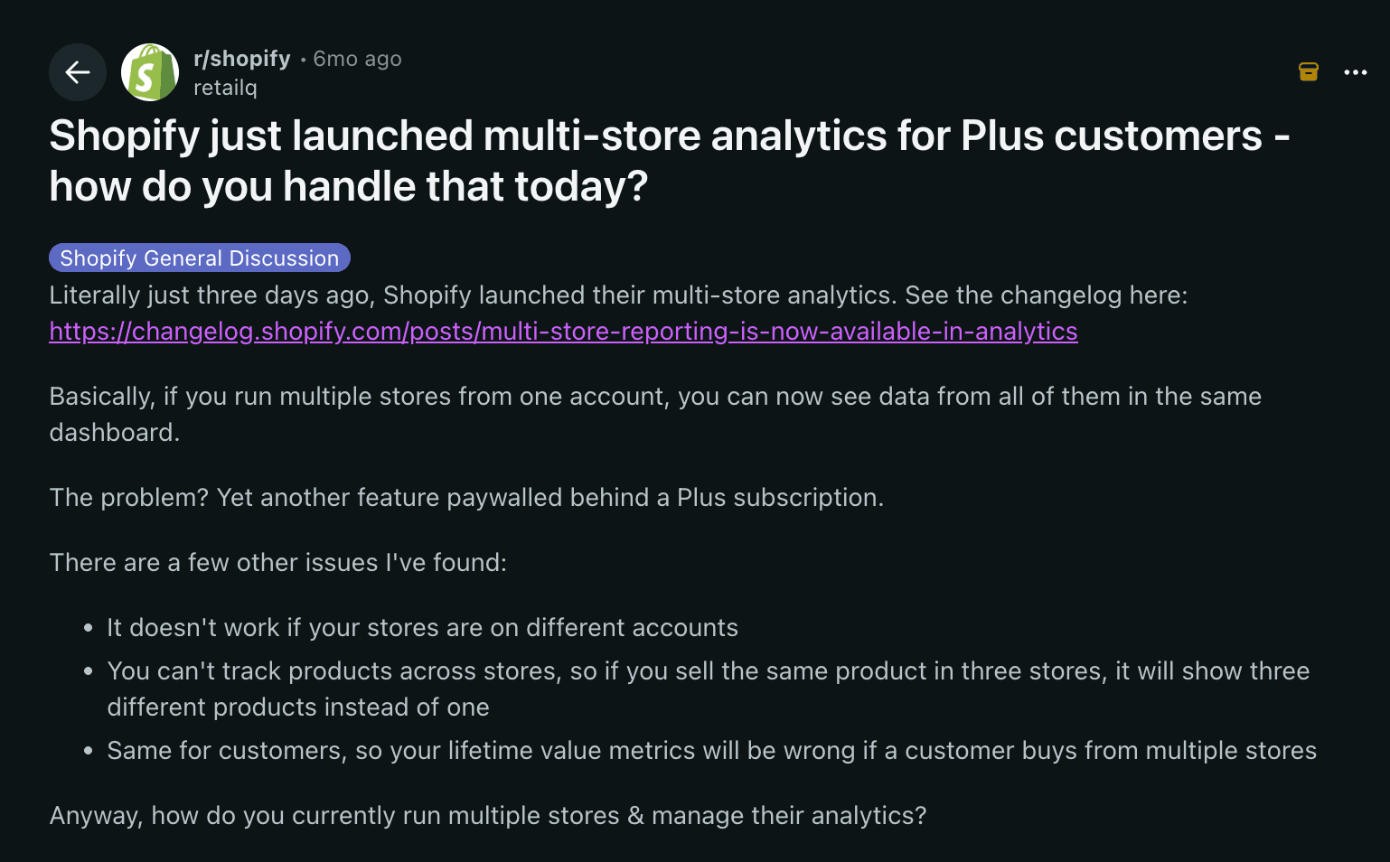 reddit snapshot discussing about the difficulties of using multi-store analytics in Shopify plus