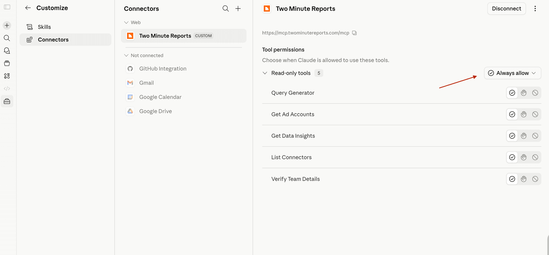 Click Always Allow and TMR will be live inside Claude to query performance