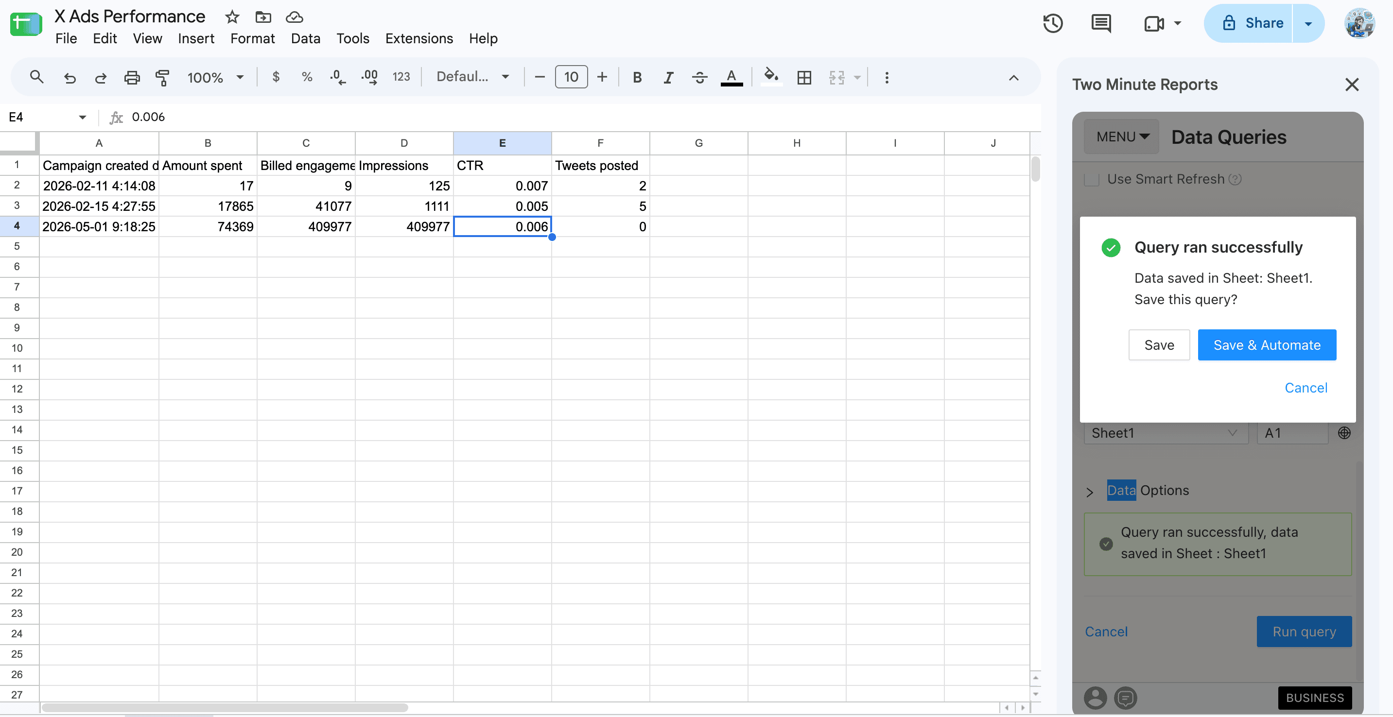 A snapshot of X ads report in Google Sheets