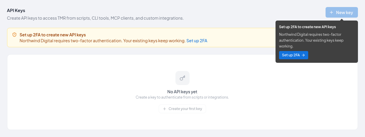 API keys for a member without 2FA in a team that requires it: New key unavailable, with the reason and Set up 2FA in a tooltip and above the list