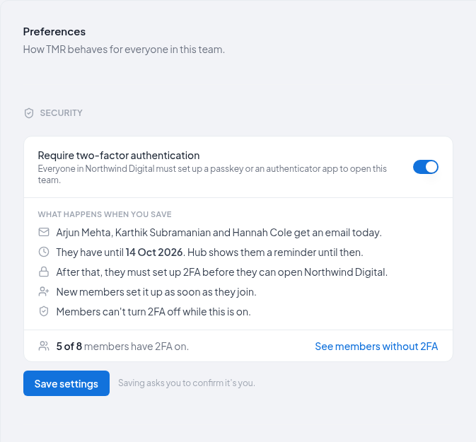 Require two-factor authentication switched on but not saved, listing who will be emailed and their deadline