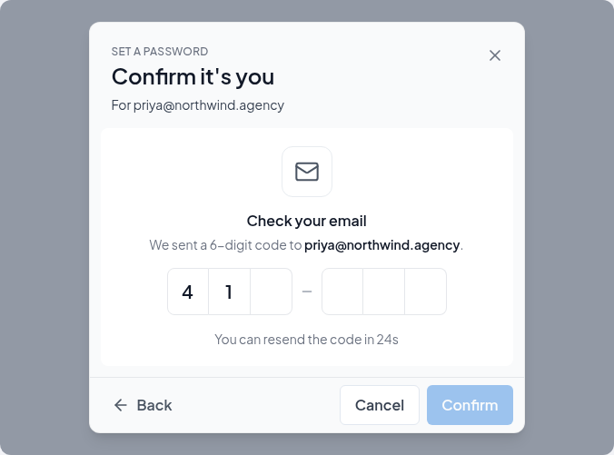 Confirm it's you by email: the six-digit code sent to your account email