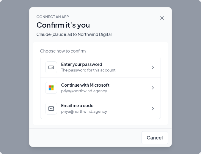 Confirm it's you for an account without 2FA: password, Microsoft or an email code