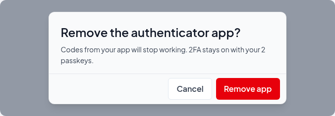 Confirming the removal of the authenticator app while 2FA stays on