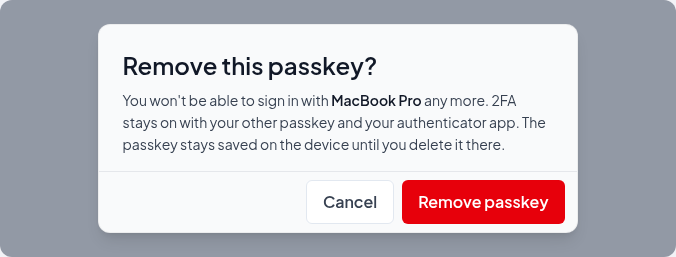 Confirming the removal of one passkey